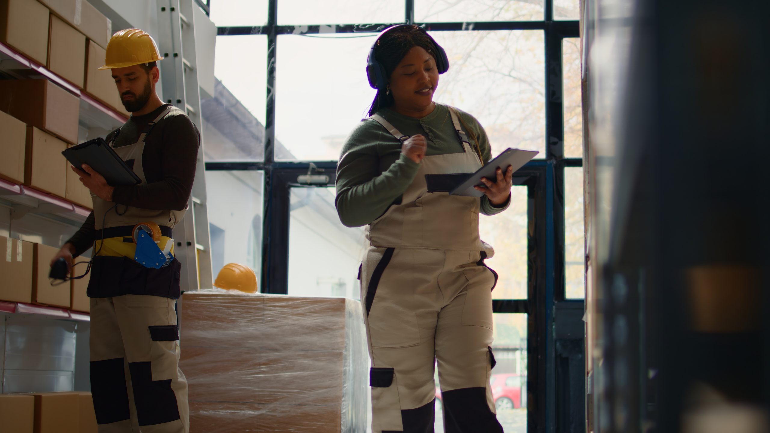 Carefree african american employee listening music in warehouse while checking labels on cardboard boxes. Smiling worker wearing heaphones walking through storage area aisles